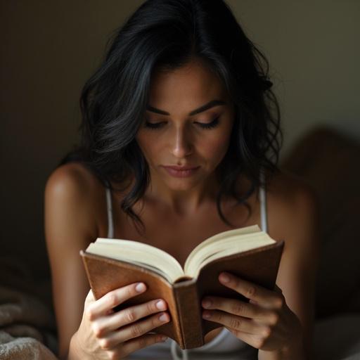 Beautiful woman with black hair reading a book. She's dressed in a casual setting. Natural light creates a cozy atmosphere.