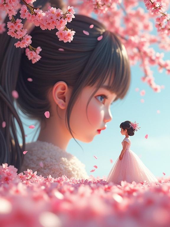 Tiny woman in bridal costume walking on cherry blossom petals toward oversized human girl hairstyle. Hair blowing in the wind, petals drifting upward. Camera zooming closer.
