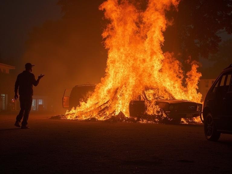 Scenic view of a burning vehicle surrounded by flames at night with a figure in silhouette