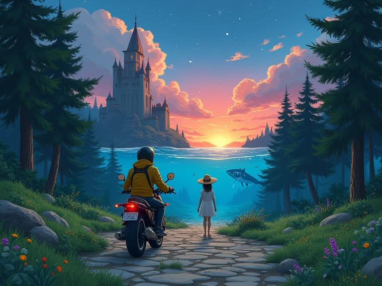 An adventurer in a yellow jacket rides a motorcycle on a forest road. A woman in a white dress stands barefoot on a stone path. The path leads to a castle on a hill and a house in an open field. A robotic shark swims in an underwater forest filled with coral. The scene merges mystical forest elements under a sunset sky. Art rendered in the style of Studio Ghibli, with vibrant colors and expressive characters.