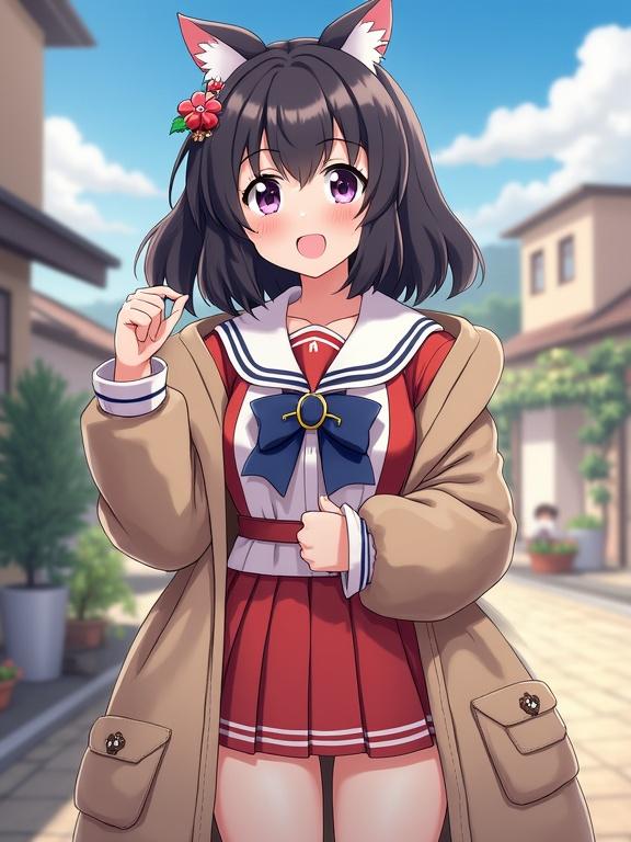 Character in a school uniform with animal ears. Outdoor background. Anime style cosplay.
