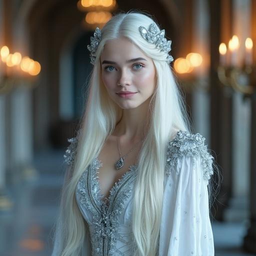 Masterpiece quality image. Adult woman around 25 years old. Long straight platinum blonde hair with silvery shimmer. Icy crystal hair ornament. Calm gentle maternal smile. Porcelain smooth pale skin. Delicate symmetrical features. Nordic fairy-like looks. Clear blue large nurturing eyes. Floral and translucent icy gown. Elegant noble garments. Grand candlelit dining hall setting. Soft magical lighting. Suitable for audiences aged 18 and above.
