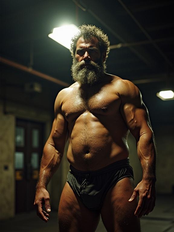 Analog color photograph captures a strongman in an underground gym. Super-human elderly Syrian strongman has prominent loose folds on coarse skin. Thick curly body hair covers soft, rounded belly and chest. Heavy shoulders and neck. Sweat glistens on his skin. He wears a tattered brief. Harsh overhead lighting creates strong shadows and highlights. Low-angle photography with detail preservation.