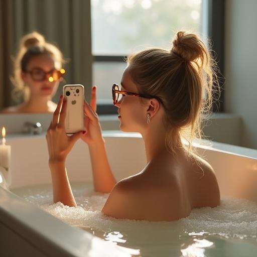 Vertical, photorealistic image of a woman in a white bathtub taking a selfie. She is partially submerged in warm bathwater. Sandy-blonde hair in a loose bun. Wearing tortoiseshell glasses. Soft expression, private moment. Warm light from window. Candle on tub edge, fogged mirror.