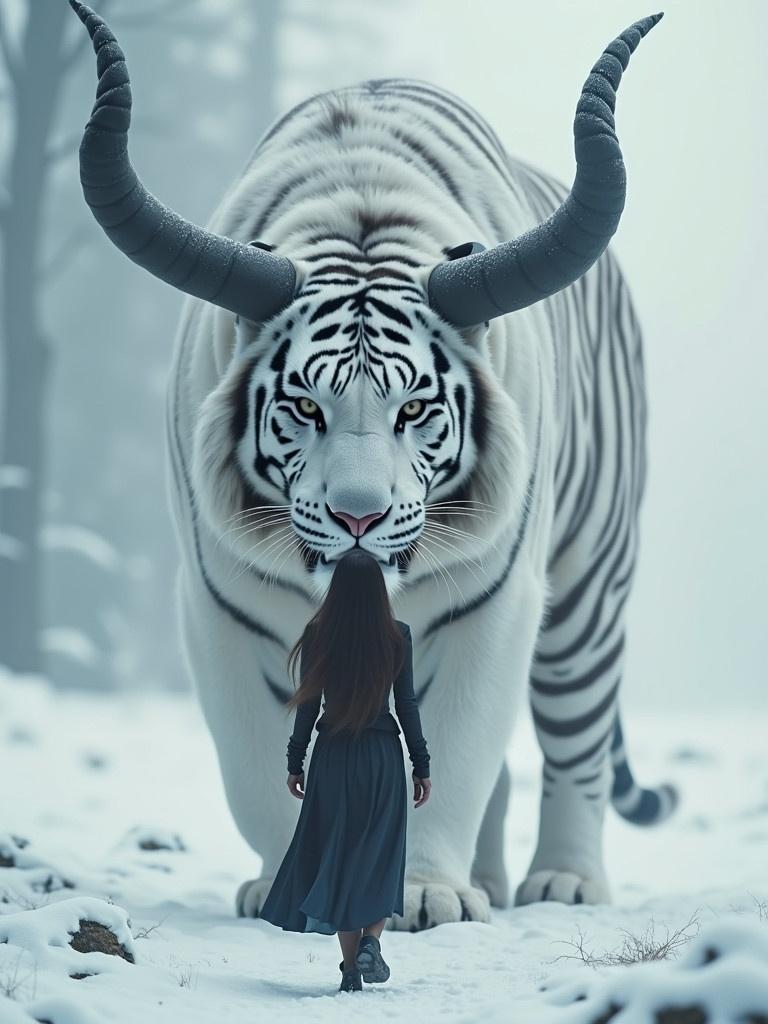 Superheroine walks confidently in front of giant mystical white tiger. Tiger has large black horns and expressive eyes. The scene is in a serene snowy landscape with soft lighting. Mood is powerful and spiritual. Bond between them is showcased.