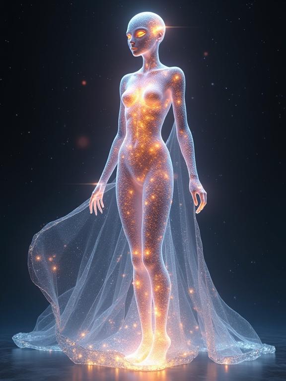 A conceptual illustration of Lumina. Lumina is a tall, slender figure with a transparent, luminous body. Her skin radiates light, displaying colors that shift based on her emotions. She has light strands flowing instead of hair, and her eyes are glowing orbs. The scene bubbles with energy, showcasing a playful connection between light and feelings.