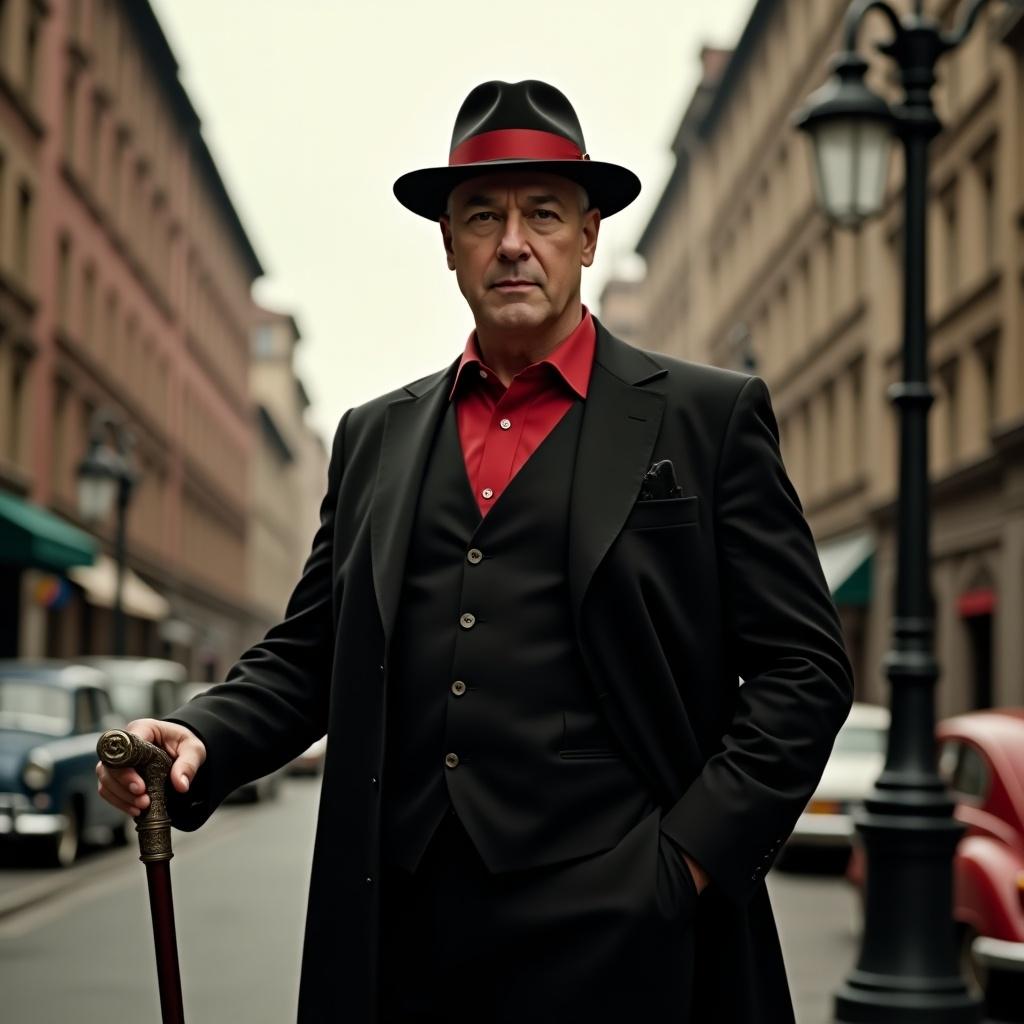 A bald man stands confidently. He wears a stylish black suit and a red shirt. A matching fedora with a red band is on his head. An intricately designed cane is in his hand. Vintage street with classic lamps and tall buildings fills the background.