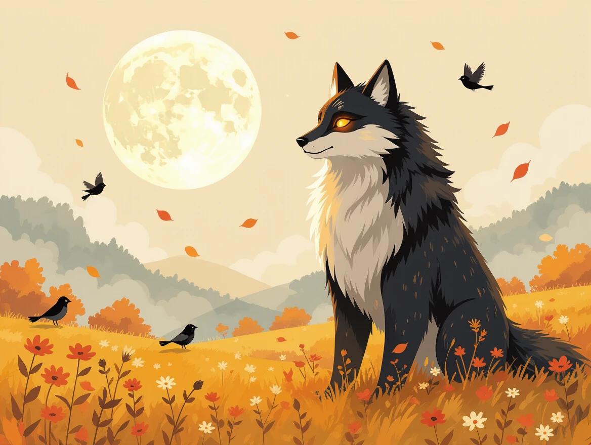 A tall guardian beast with soft black fur and amber eyes in a dreamlike autumn meadow. Warm orange and gold tones. Scattered wildflowers with floating leaves around. Whimsical birds nearby. A large full moon behind misty hills. Beige background with watercolor stains and ink splatters. Surreal fantasy illustration.