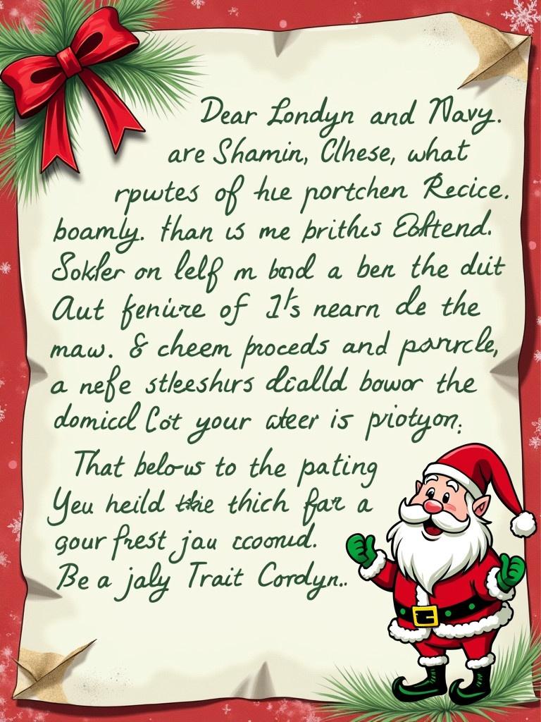 Handwritten letter from Santa featuring green and red crayon. Letter addressed to Londyn and Navy. Decorated with festive elements.