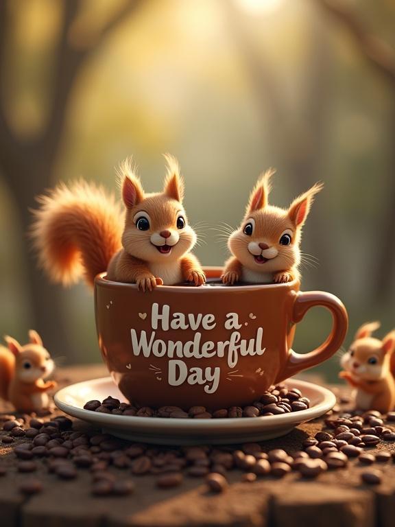 A whimsical cozy scene centered around a large cup of coffee filled with dark beverage. Cup has the message Have a Wonderful Day in white font. Two animated squirrels peek over the rim and one is lively nearby. Scene adorned with coffee beans and serene forest background. Highly detailed masterpiece. Date 17.06.2025.