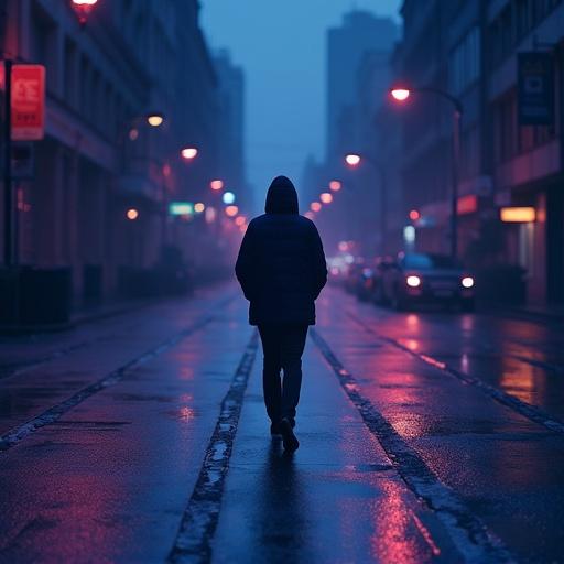 Lone figure walks through dimly lit city street at midnight. Wearable digital clothes shift between hues of deep blue and purple. Poetic lines about solitude appear as subtle animations on the fabric. Neurosensors detect quiet sadness. Fabric ripples like calm water.