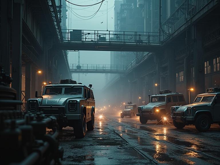 Dark cinematic atmosphere exists in a large factory filled with futuristic military jeeps. Dark machine arms are welding parts together. Sparks fall around the scene. Cranes and metal walkways dominate the landscape. Wires and an elevator platform are present. Steam rises from a molten metal pit, creating a sense of realism with rich details and textures. Shadows create depth in this 4k image.