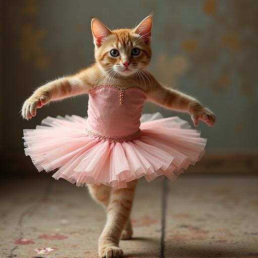 Photo of a cat dressed as a ballerina. Cat wears a pink tutu. Cat poses gracefully. Soft background with light colors.