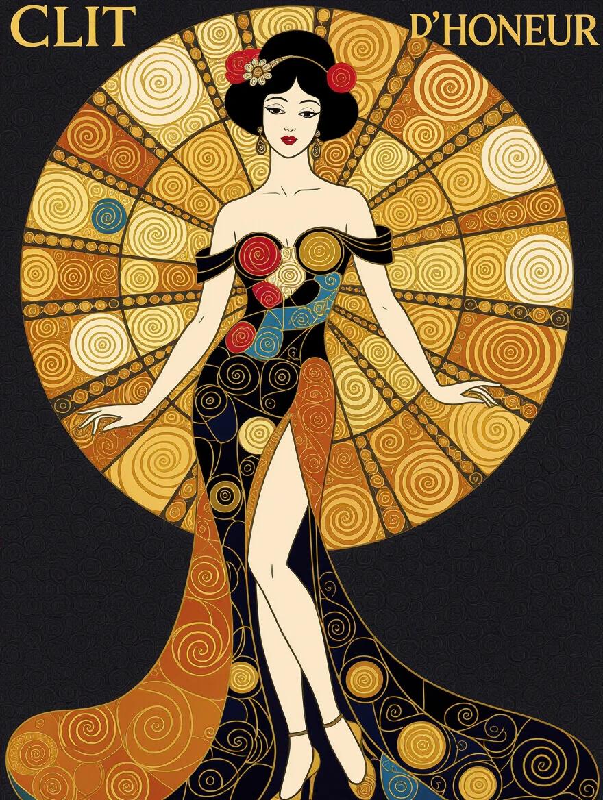 A glamorous mixed media art piece inspired by Klimt, featuring a central figure in a decorative gown with elaborate patterns and colors.