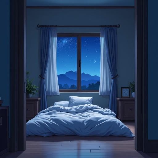 An anime background showing a bedroom scene. A ruffled futon is placed in the center. It's night time with a view of the starry sky through the window. The perspective is from the door looking into the room.