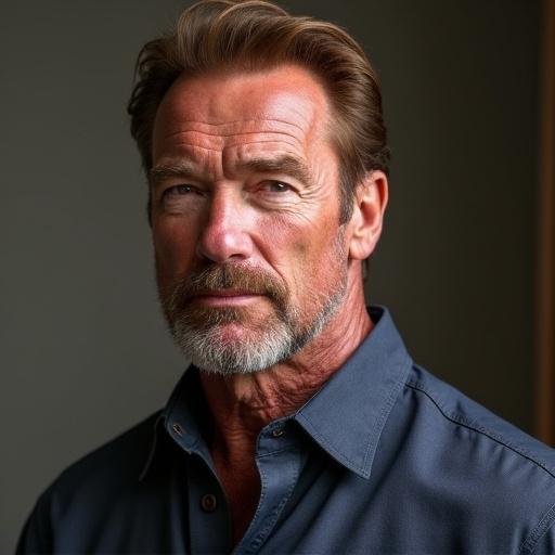 A close-up portrait of a man with a strong presence wearing a navy blue button-up shirt. The man has a beard and is looking directly at the camera. Soft natural light illuminates his face, highlighting his features.