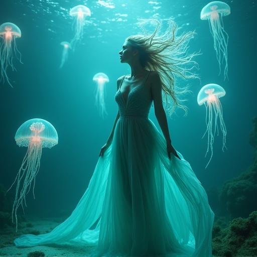 Underwater scene with a woman in a flowing gown. Bright jellyfish surrounded by tranquil turquoise water. Hair flowing as if dancing with the ocean currents. Soft illumination from jellyfish casts gentle light.
