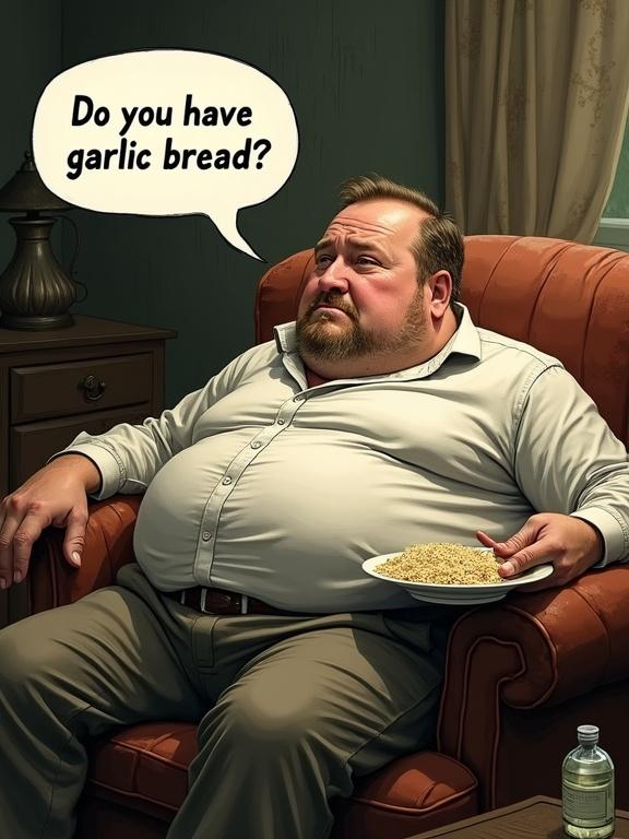 A man sits slouched on an old sofa. He is pot-bellied and poorly dressed. Rice is stuck to his chin. He holds a dirty plate in his hand. An open bottle of shampoo rests beside him. He asks about garlic bread in a speech bubble.