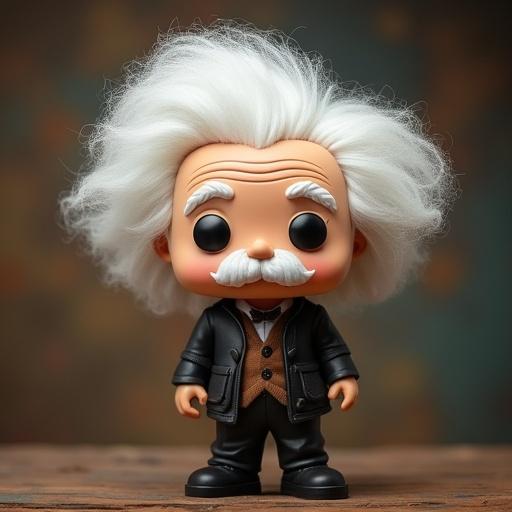 A Funko Pop figure modeled after Albert Einstein. The character features a large head with wild white hair and a cheerful expression. Dressed in a black coat with a brown vest. Standing on a wooden surface with a soft background.