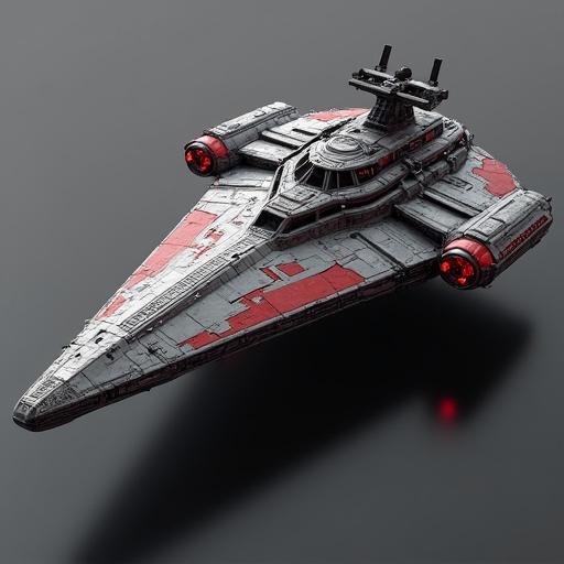 A realistic image of a storm cruiser starship. The design features a chaotic lightning-shaped pattern. The primary color is dark silver with crimson ion cannons. Reflections enhance the armor effect. The ship is viewed from an orthographic isometric perspective against a plain dark-grey background.