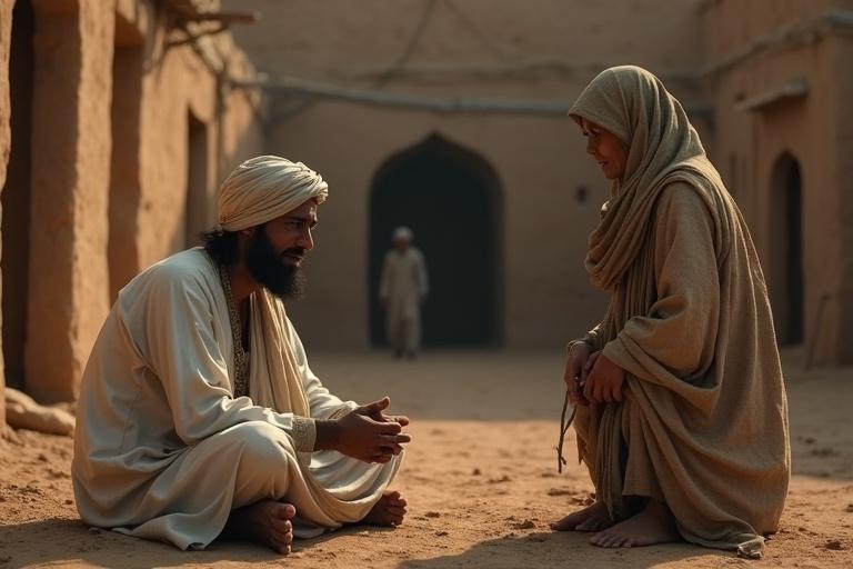 3D Islamic scene set in early Islamic era. Sorrowful Muslim man sitting on ground with tears. Dressed in white clothing and turban. Woman stands in front, wearing worn dusty clothes. Simple desert village with mud-brick houses in background. Soft moonlight illuminating scene. Atmosphere of sadness and humility.