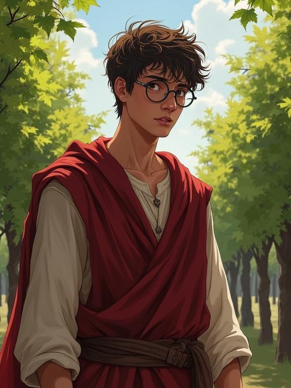Young timid man early 20s wearing round glasses and Greek robes looking worried outdoors surrounded by greenery and vines. Digital art painting in the style of Grzegorz Domaradzki capturing fantasy elements.