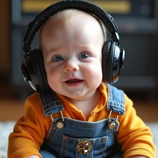 Cute baby with chubby cheeks wears colorful classic clothes. Baby is facing the camera smiling confidently. Large black metal-studded headphones add a playful vibe. Soft natural light highlights face and belly. Softly blurred music studio background hints at recording equipment.