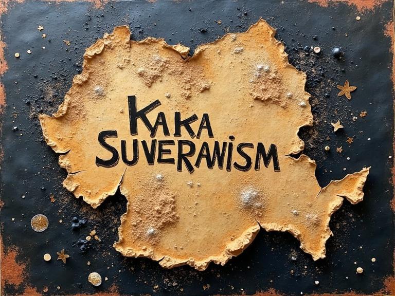 Oil painting of a textured Romania map featuring the text ‘KAKA SUVERANISM’. Mixed media approach using various materials like newspaper, jute fibres, sand. Scratches and tears add character. Dark colors enhance depth. Evocative and magical appearance.