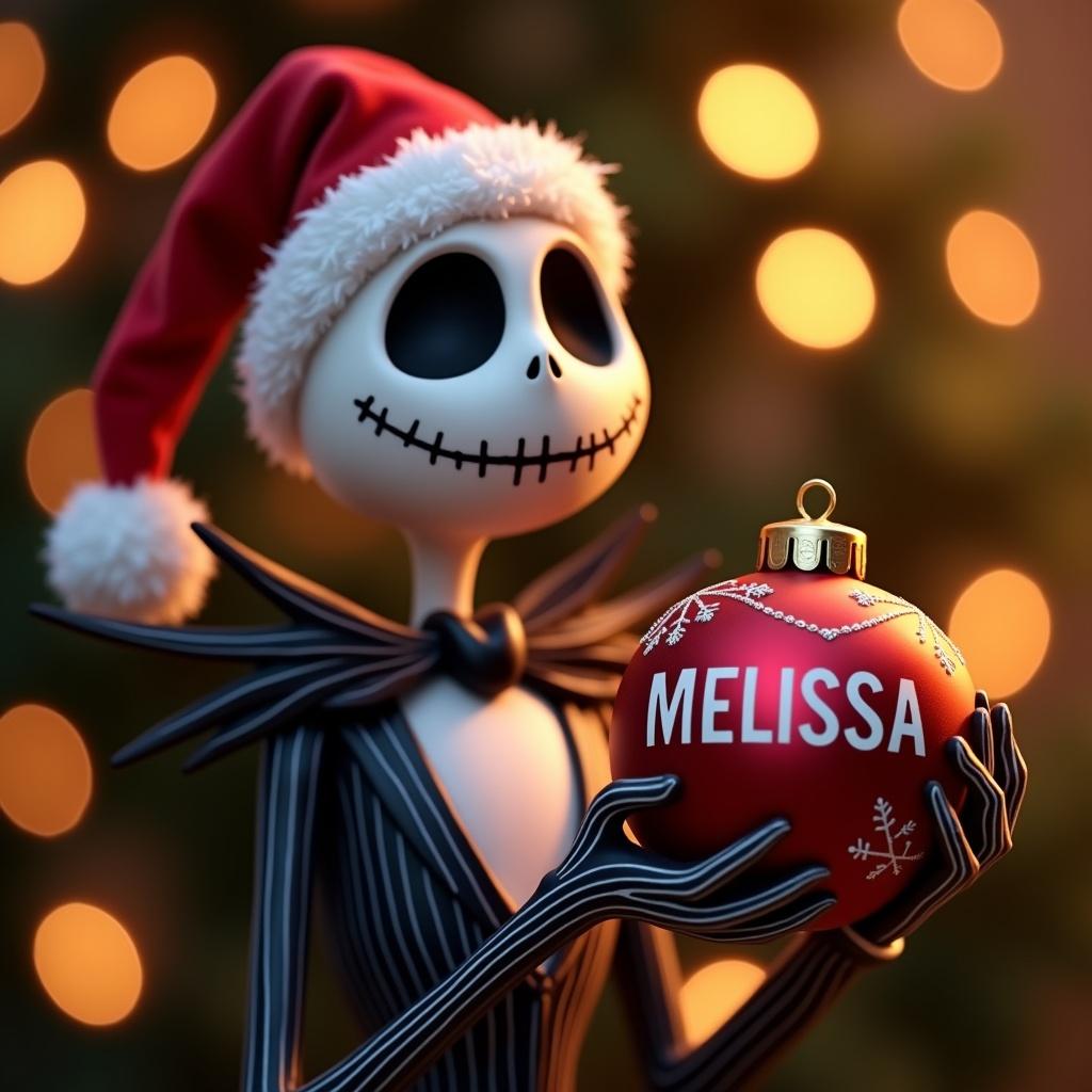 Jack Skellington character in a Christmas hat. Jack holds a red bauble with the name MELISSA. Background features warm bokeh lights. Image focuses on Jack and the ornament. Theme is holiday.