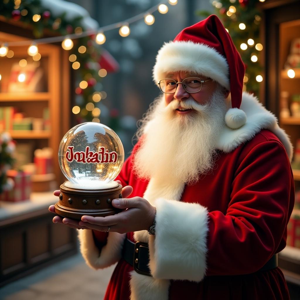 Christmas scene featuring Santa Claus in a red and white suit. Santa holding a snow globe. Snow globe contains the name 'Jordan'. Background shows a toy shop with festive decorations and glowing lights.