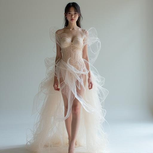High resolution photo showcasing a costume design for Paris Fashion Week. The dress features organic shapes made from transparent film on bare skin. The model is a young woman.