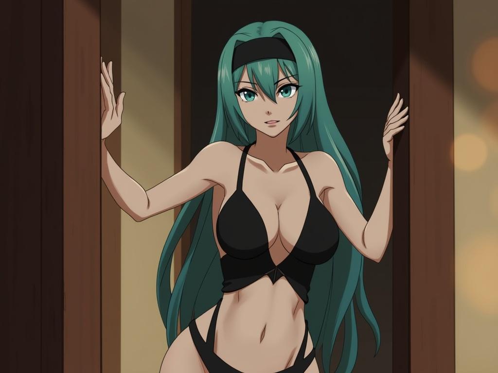 The image features a stylized female character with long teal hair and a headband, standing in a doorway. She has pale skin and is wearing a revealing black outfit with straps. The background shows a wooden door and hints of warm lighting, suggesting an indoor environment. The scene captures her striking a pose while peeking through the door, conveying a sense of attitude and allure.