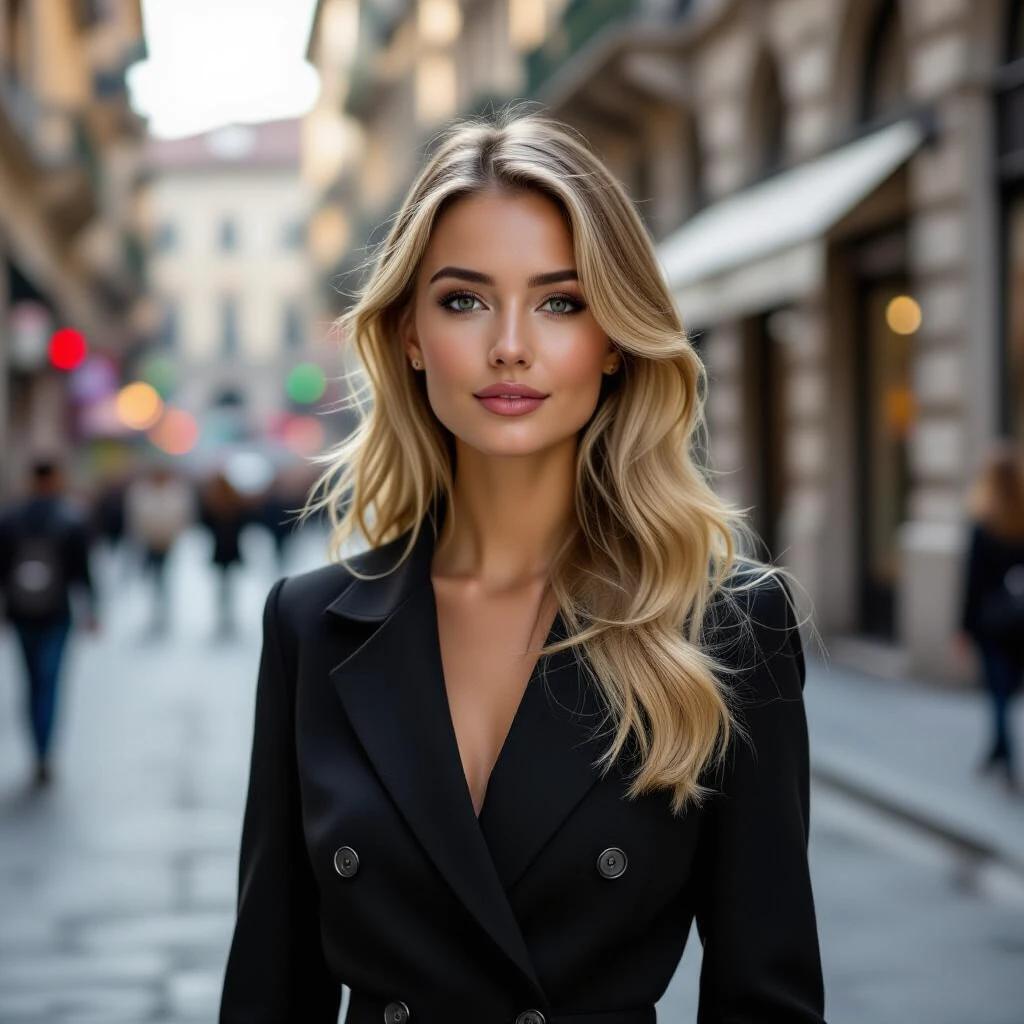 Beautiful young 25-year-old blonde female walking in the streets of Milan.