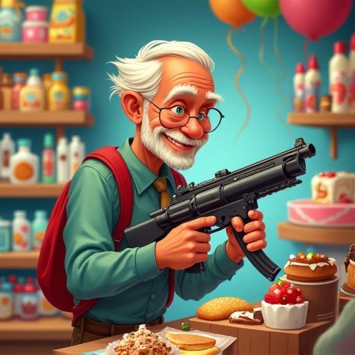 A cartoon portrayal of Mr. Thompson. He is an older man with white hair and glasses. He smiles while holding a magic gun with a discount ticket attached. The setting is a colorful shop filled with sweets and party supplies. Balloons decorate the scene. Desserts on the counter reflect a birthday theme.