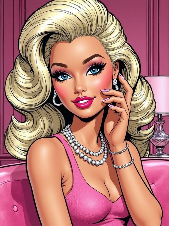 A beauty portrait in comic book style features a Barbie doll with dramatic makeup and long false eyelashes. Bold pink lipstick and eye makeup emphasize her features. Platinum blonde hair illustrated in dynamic waves. She wears a pink top and pearl jewelry. Glossy nails and raised hands are drawn with strong outlines. The interior has pink plastic furniture. Composition reflects classic comic aesthetics with vibrant colors and high contrast.