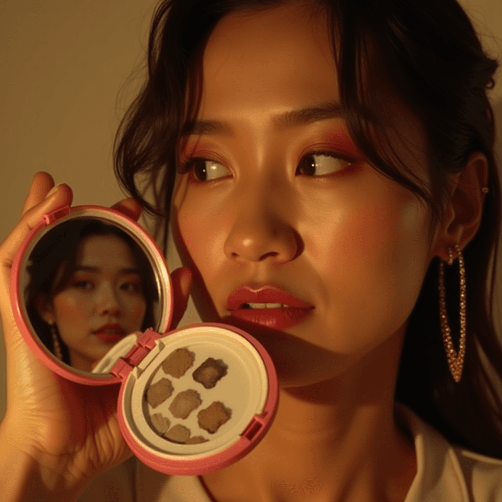 A woman holds a compact mirror up to her face, reflecting her image.