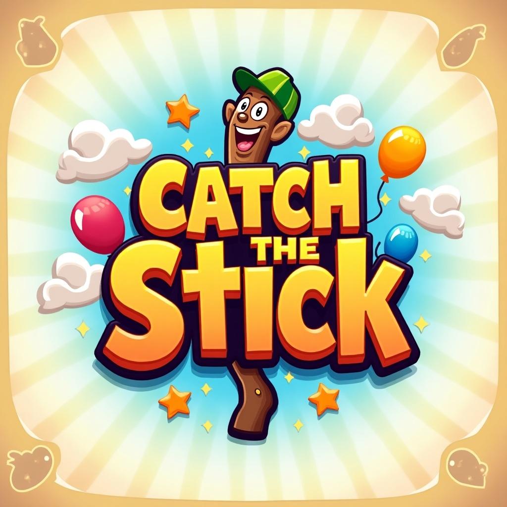 Generate a colorful cartoon game logo for 'Catch the Stick'. Include a happy character, balloons, and stars.