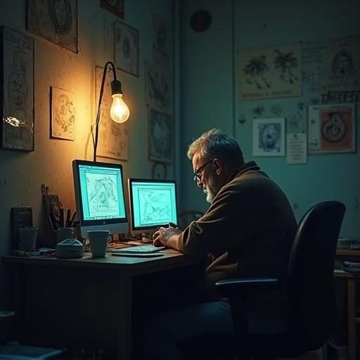 A 60 years male with short graying hair and beard working at a cluttered desk. Dimly lit room with glowing computer screens and scattered coffee cups. Ambient light from a cracked light bulb. Shadows of sketches on the wall. Artistic and moody atmosphere.