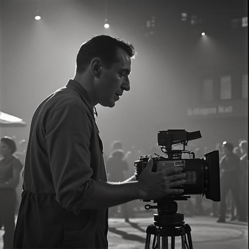 Scene from the 1950s showing a person operating a film camera in a documentary setting