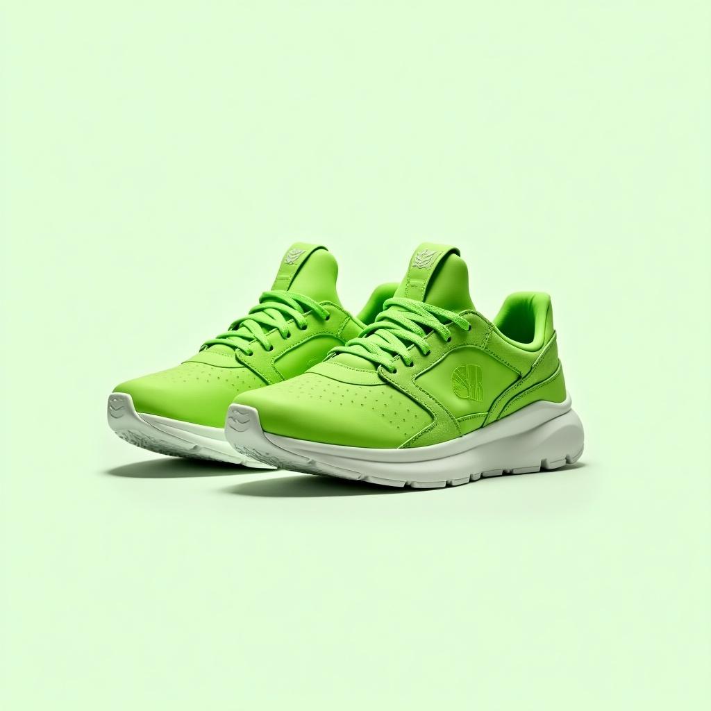 Bright green sneakers displayed against a light green background. Sleek design with no logos visible. Focus on color and styling.