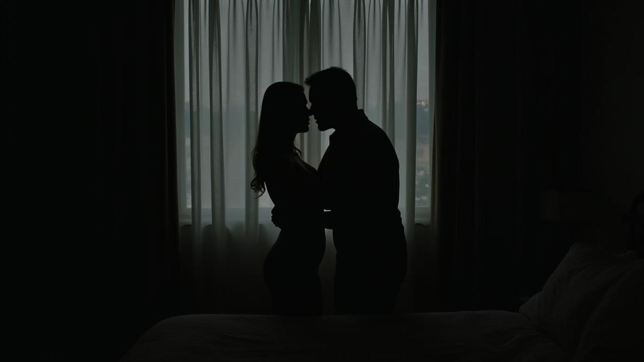 In a dimly lit hotel room with drawn curtains, two figures stand close together in a silhouette. The pastor and Sarah share an intimate moment, conveying both guilt and desire. Behind them, the bed is minimally visible, adding to the focus on their connection. The soft light filtering through the curtains creates a dramatic and shadowy effect. This image captures the complexity of their feelings, showcasing the tension between their emotions and circumstances.