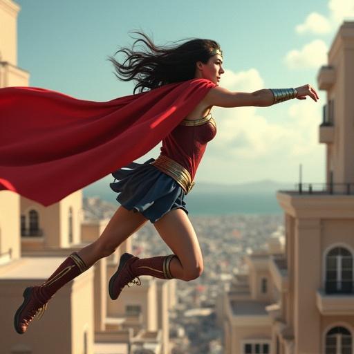 Wonder Woman flying over rooftops in Minorcan clothing and a red cape. She dodges projectiles from the future while soaring through the air.