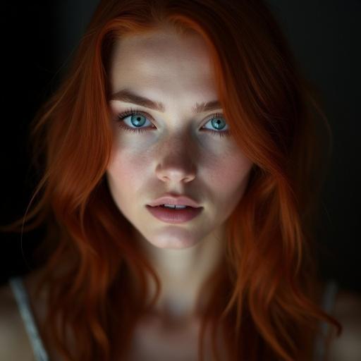 Close-up portrait of a woman, notable blue eyes, soft red wavy hair, dramatic lighting, dark background, evokes intimacy and mystery