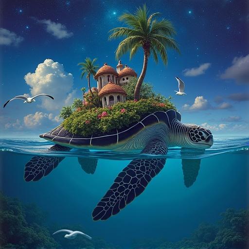 Split level view of a massive sea turtle with a palm tree village on its back. Seagulls flying above. Flowers in the scene. Professional photograph style. Vibrant dark colors. Night sky background.