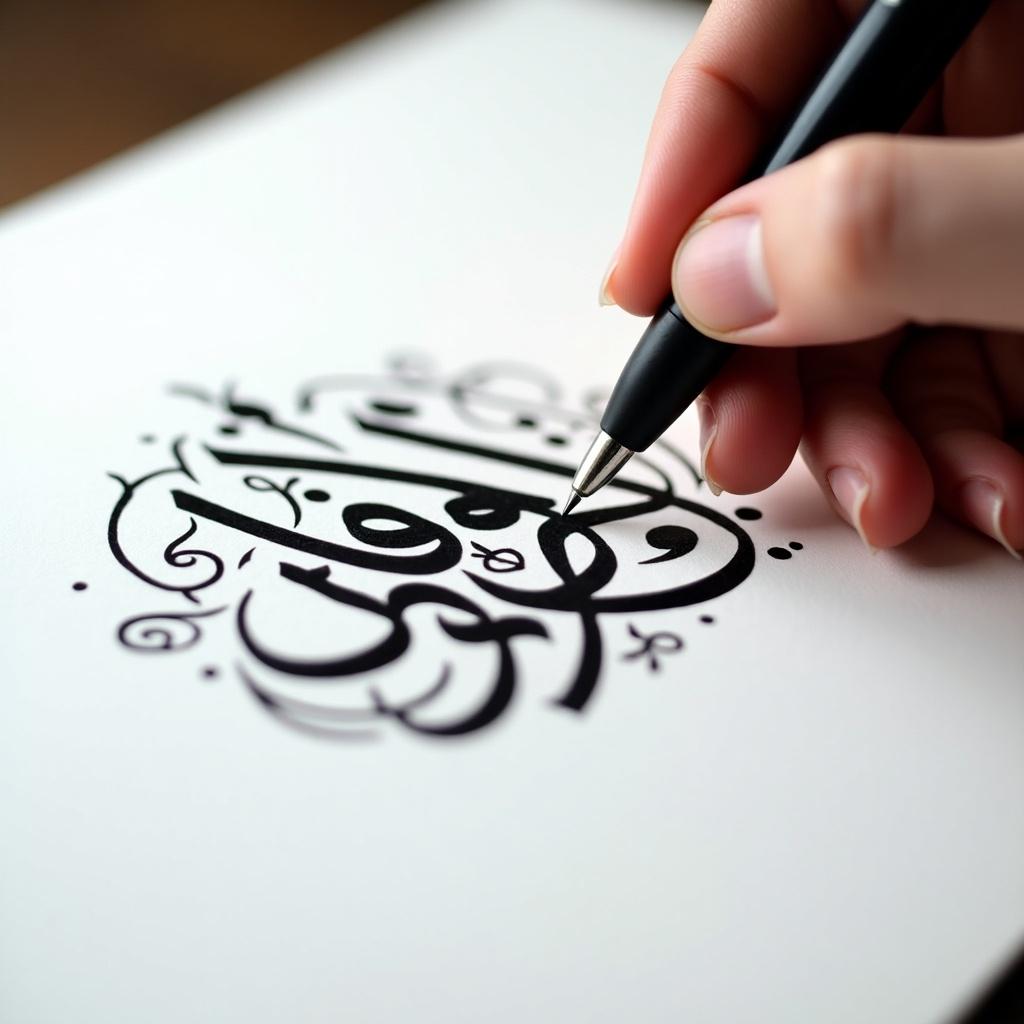 Close-up view of hand using pen to write Arabic calligraphy. Bold black ink is creating elegant designs on white paper. Soft lighting enhances the beauty of the strokes and letters being formed.