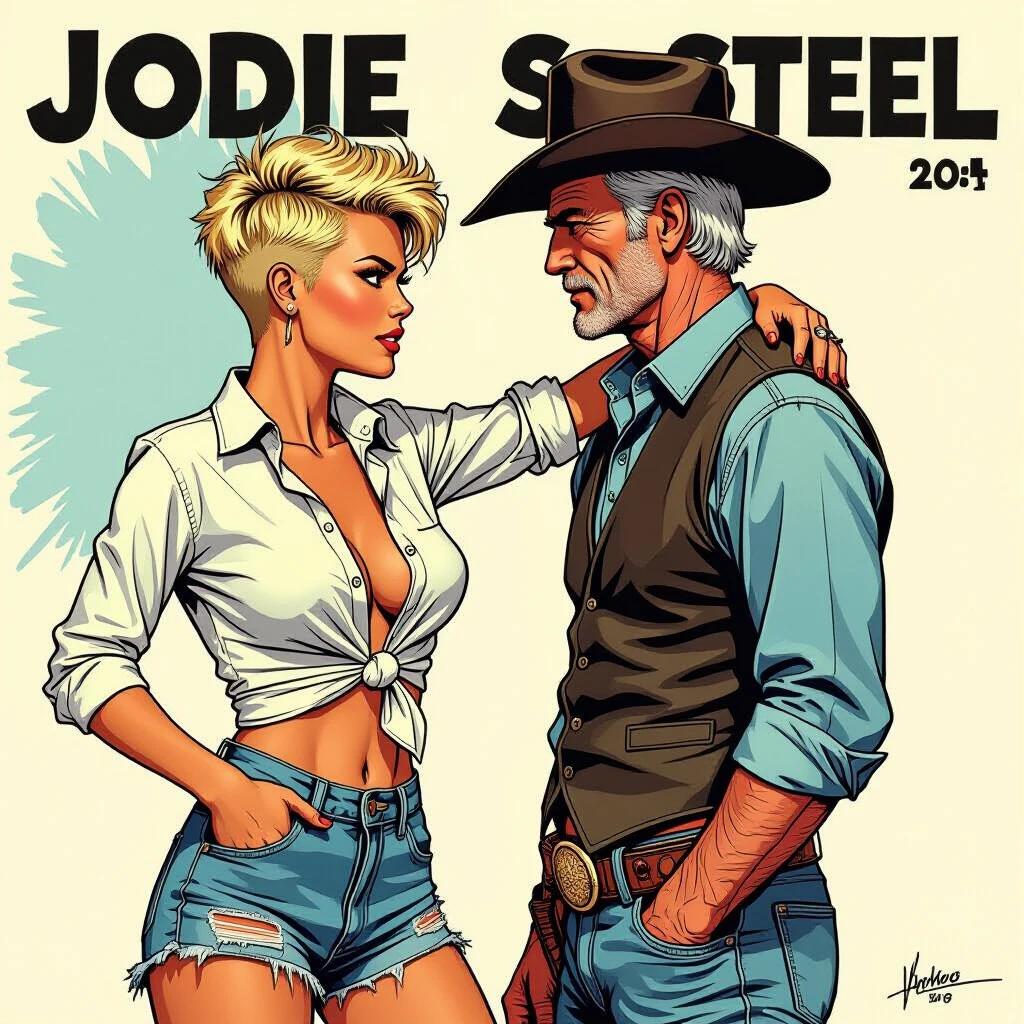 Bold comic art featuring a confident young woman with a stylish haircut. She stands with a seasoned cowboy character, both striking a dynamic pose. The woman shows attitude and style in her outfit. Background includes an off-road motorcycle, enhancing the adventurous theme.