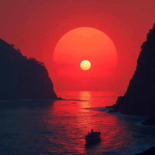 Blood-red sunset over ocean. Small rowboat near jagged cliffs. Atmosphere hints at danger beneath beauty.