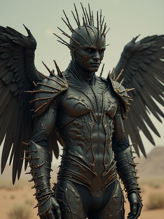 Warrior figure with spiked armor standing in a surreal landscape. The figure has wings and wears a suit made of vertical metal strips and barbed wire. The design is intricate and ornate, evoking a fantasy style. The environment complements the armor's aesthetic.