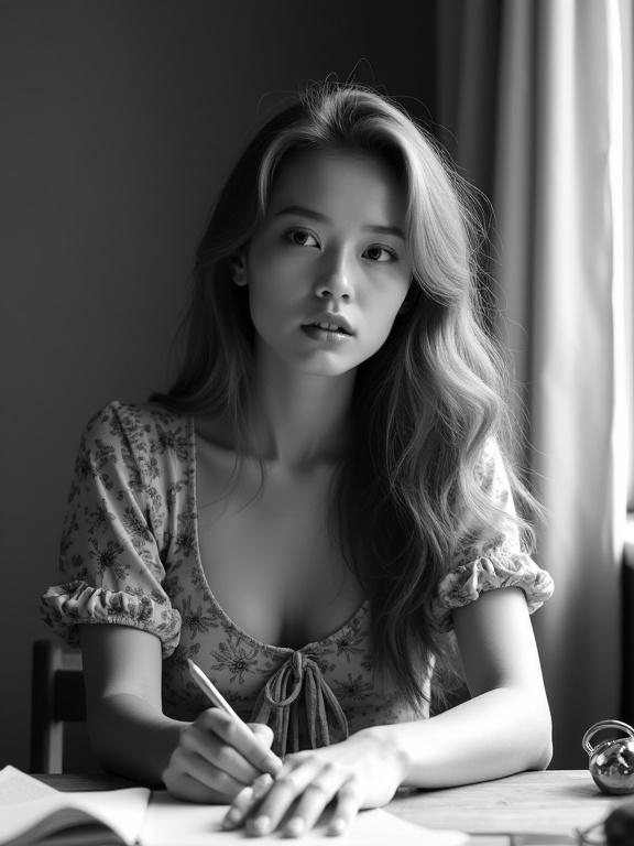 Photograph of a young woman at a desk in black and white. She is focused on her work. Profile view emphasizes delicate features and long wavy hair. Dressed in floral blouse with low neckline. Natural soft light creates gentle shadows. Background is blurred suggesting intimate indoor setting.