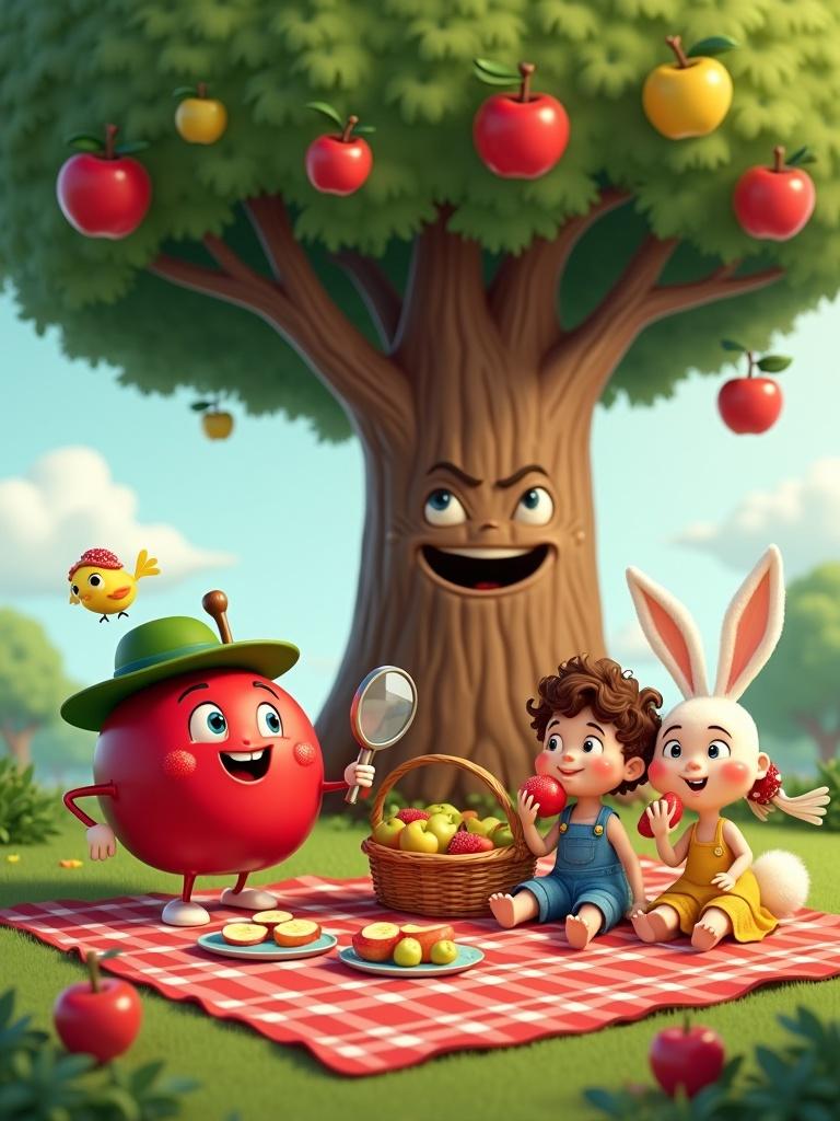 A bright red apple character with cartoon-like features wears a green explorer hat and holds a magnifying glass. It explains the growth of apples while a fluffy white bunny nibbles an apple slice. A tiny yellow sparrow sings from a branch. They are in a picnic scene under a whimsical apple tree with a friendly face. Two children enjoy apples on a checkered picnic blanket surrounded by a woven basket filled with various apples.